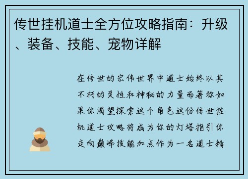 传世挂机道士全方位攻略指南：升级、装备、技能、宠物详解